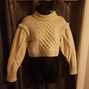 Womens Cream Cable Knit Heavy Duty Mock Neck Long Sleeve Crop Sweater Sz. Small